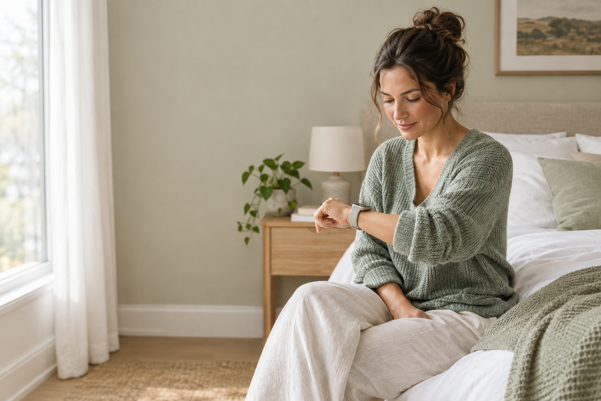 A woman wearing a smartwatch in soft morning light, illustrating free menstrual cycle tracking with overnight skin temperature trends.⠋