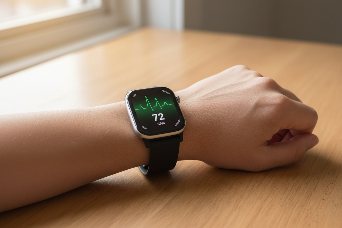 Smartwatch on a wrist displaying a live heart rate monitoring screen with pulse waveform and BPM reading, illustrating how optical PPG technology tracks heart rate zones, HRV, and fitness health data